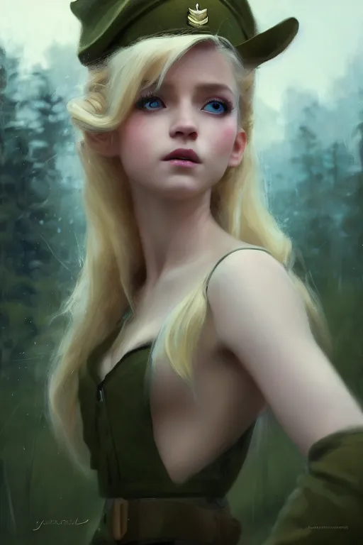 Image similar to cinematic shot of an epic portrait of a cute blonde fairy dressed in military clothes, stylised military clothes, shiny skin, beautiful eyes, beautiful, small details, night setting, realistic poster with volumetric light from jeremy lipkin and michael garmash, craig mallism, artgerm, unreal engine, radiant light, digital art, trends at art station, a masterpiece