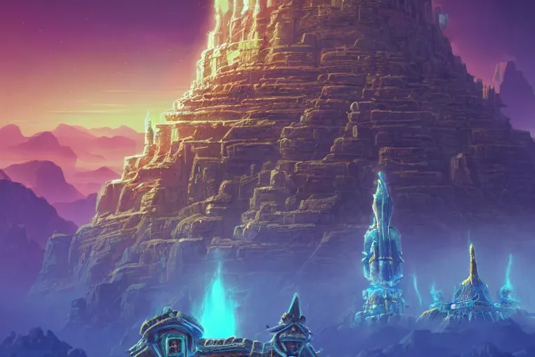 Image similar to the ancient temple zelda botw, in the style of stephan martiniere and vicente segrelles, trending on artstation, back lighting tilt - shift cottagecore, abstract illusionism, movie poster, creature concept art, precisionism