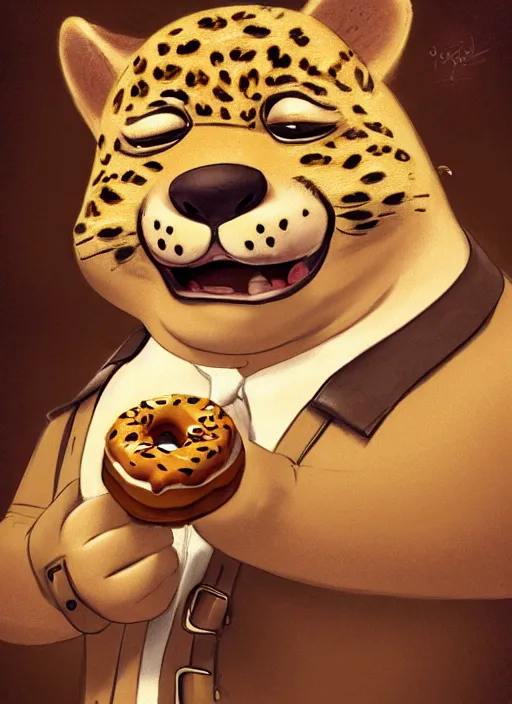 Image similar to a cute fat friendly leopard in steampunk police suit, eating a donut, clawhauser from zootopia, character, closeup headshot, sketch portrait by jean - baptiste monge