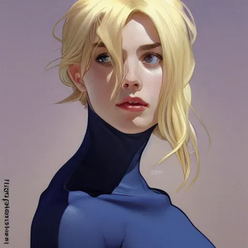 Prompt: a beautiful cartoon still portrait of a beautiful cute young woman shoulder - length blonde hair superhero wearing a tight solid matte navy blue lycra suit white cape white cowl white shoulders, intricate, elegant, 8 k, highly detailed, digital painting, concept art, smooth, sharp focus, illustration, by artgerm greg rutkowski alphonse mucha loish wlop