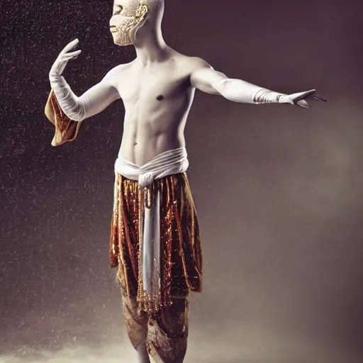 Prompt: portrait of a male dancer with a beautiful porcelain face dressed in a venecian mask, gloves on spread hands, rain, bokeh, cinematic light and reflections, beautiful dreamy lighting, ernst haeckel, annie leibovitz, zbrush,