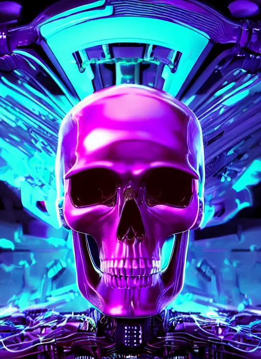 Image similar to a futuristic skull with glowing eyes and a purple background, cyberpunk art by android jones, behance contest winner, computer art, darksynth, synthwave, rendered in cinema 4 d