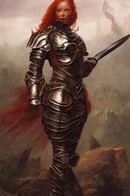 Image similar to beautiful female warrior, half body portrait, ginger hair, ornate armour, realistic oil painting by Thomas Cole and Wayne Barlowe