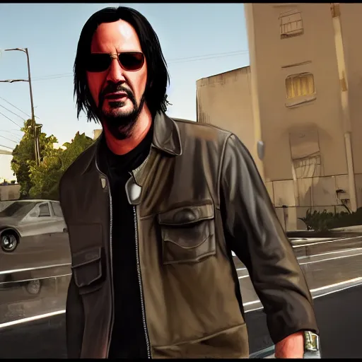 Prompt: Keanu Reeves as a Grand Theft Auto V character, cutscene, hyperdetailed, artstation, cgsociety, 8k