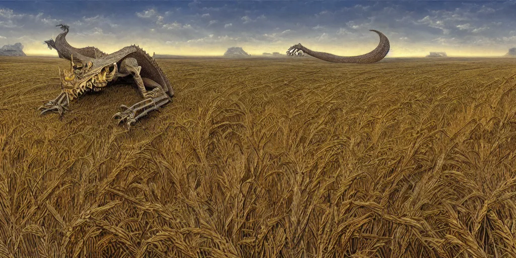 Image similar to Fantastical open landscape by Ted Nasmith, giant dragon skeleton, town, wheat fields, digital painting, concept art, landscape