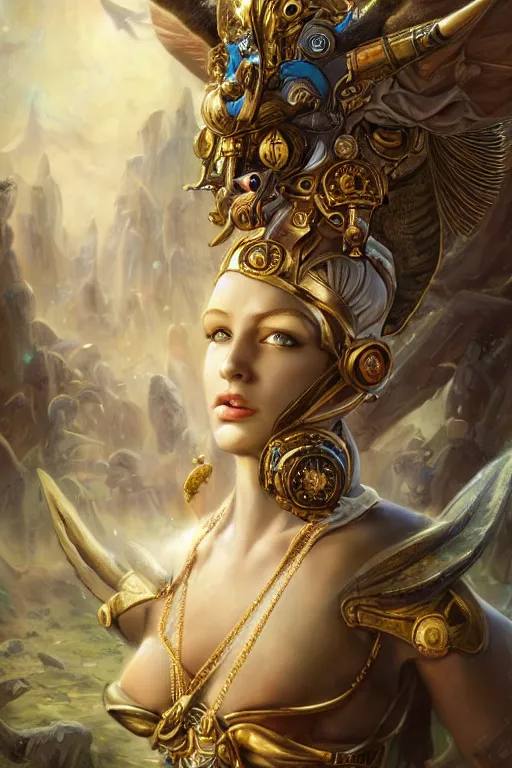 Image similar to Mystical Valkyrie, Portrait of a beautiful female Atlantean Anubis Alien Warrior, Realistic, Regal, Refined, Detailed Digital Art, François Boucher, Oil Painting, Michael Cheval, Steampunk, Walt Disney (1937), Highly Detailed, Cinematic Lighting, Unreal Engine, 8k, HD