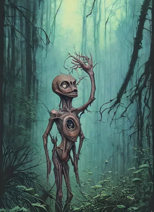 Image similar to hyper realistic magic alien in the woods in a river gorgeous lighting, lush forest foliage blue sky a hyper realistic ink drawing by chiara bautista and beksinski and norman rockwell and greg rutkowski, tom bagshaw weta studio, and lucasfilm