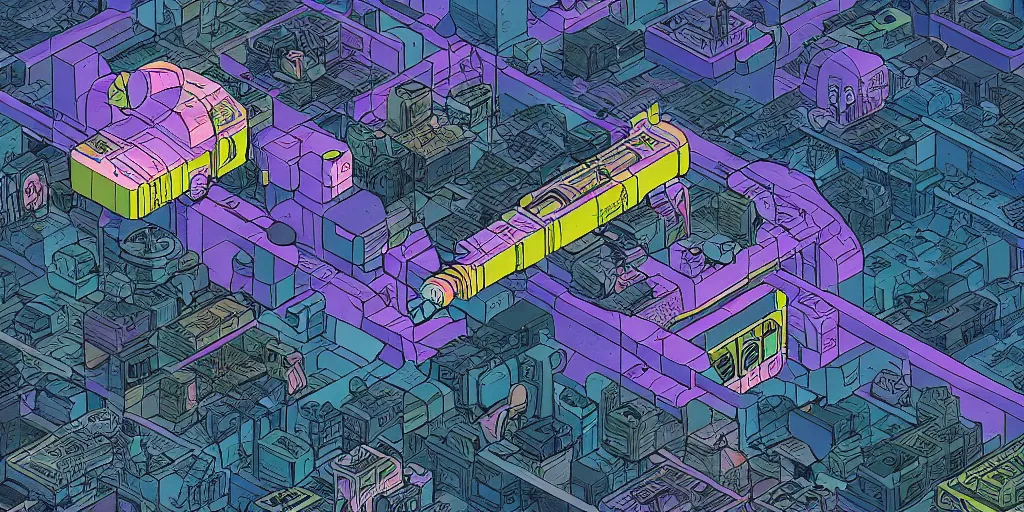 Image similar to a mile above a cyberpunk landscape. isometric perspective. science fiction art. near future world moebius