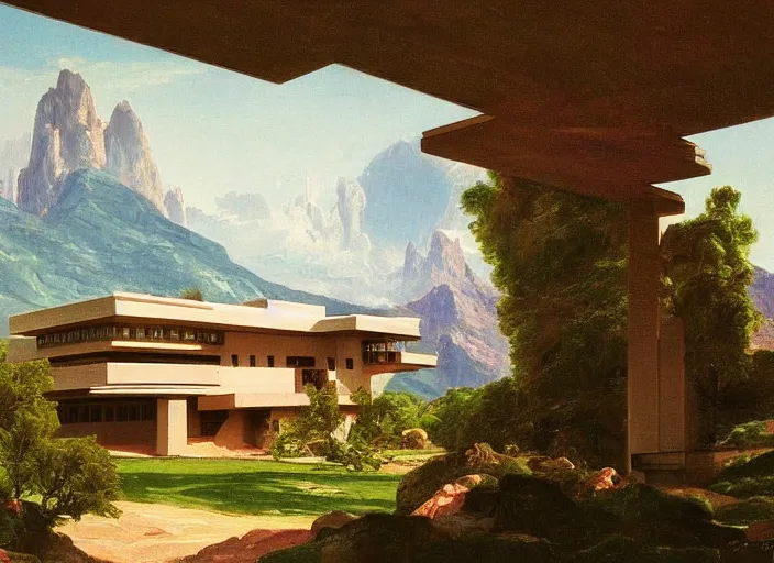 Prompt: painting of a frank lloyd wright house in front of beautiful mountains by thomas cole