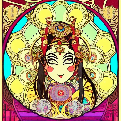 Image similar to anime manga style kathakali illustration style by Alphonse Mucha and Takashi Murakami pop art nouveau