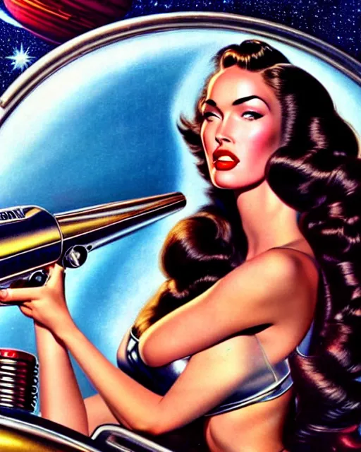 Image similar to closeup beautiful retro space megan fox varga girl holding a ray gun, posing on a chrome space ship in diesel punk city, windblown dark hair, retro pinup model, seductive, 1 9 4 0, hyper detailed, digital art, smooth, sharp focus, gil elvgren, anna dittmann,