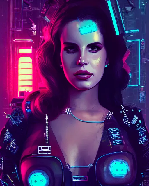 Image similar to portrait of lana del rey as a cyberpunk cyborg. roses, sci - fi, missing panels, intricate abstract upper body intricate artwork, by tooth wu, wlop, beeple, dan mumford. concept art, octane render, deviantart, greg rutkowski, cinematic, key art, hyperrealism, iridescent accents