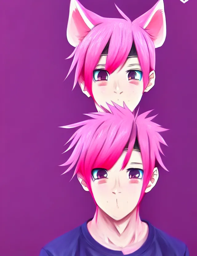 Prompt: portrait of a cute anime boy with pink hair and pink wolf ears and pink wolf tail wearing stylish clothes | | very detailed digital painting, trending on artstation, octane render, random artists