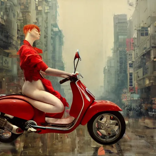 Image similar to the redhead vespa queen in hong kong, oil on canvas by ruan jia and yoshitaka amano