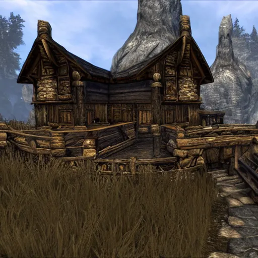 Image similar to Elder Scrolls Skyrim game screenshot of a large house shaped like a fox, made of wood