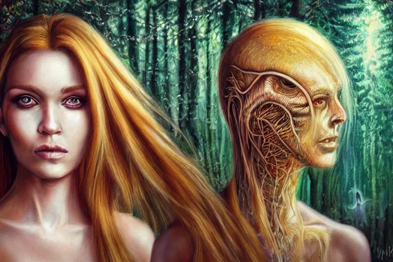 Image similar to realistic detailed portrait painting of a beautiful ghost woman with blond hair with an alien, futuristic sci-fi forest on background