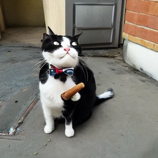 Image similar to cat wearing a suit smoking a cigar