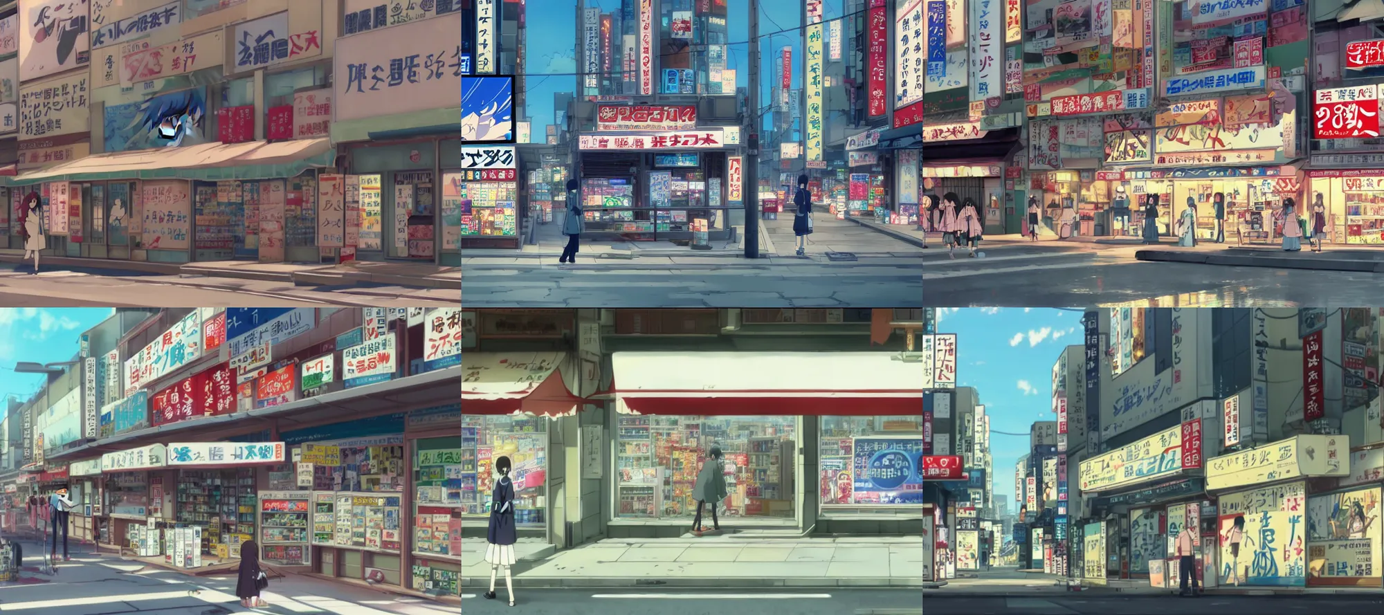Prompt: screenshot from the anime by Makoto Shinkai of a japanese storefront with many signs and advertisements