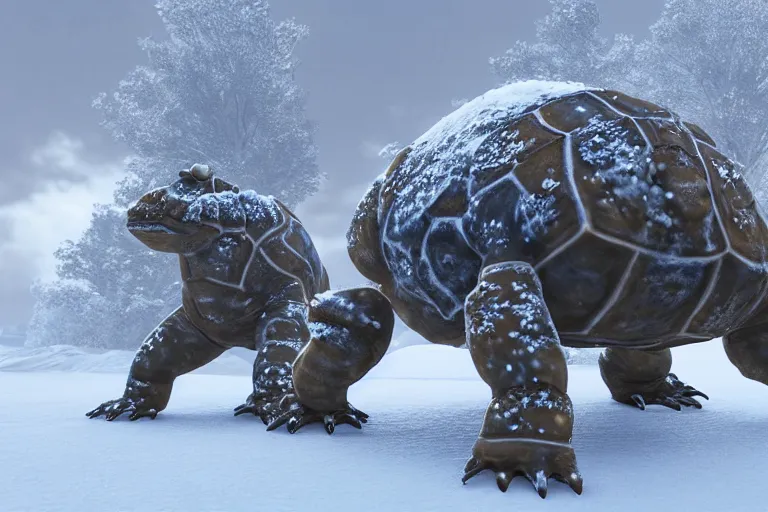 Image similar to highly realistic 3 d rendering of blastoise covered in snow and ice, unreal engine 5, volumetric lighting