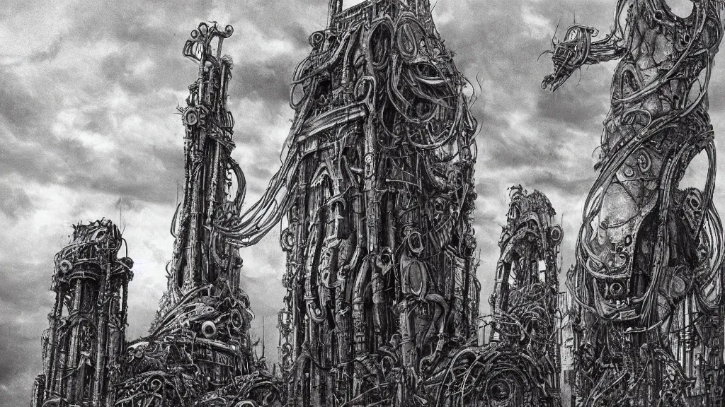 Image similar to A tower with an Eyeball at the top, BioMechanical like Giger, with tentacles coming out, looking over a stormy post-apocalyptic wasteland, dystopian art, wide lens