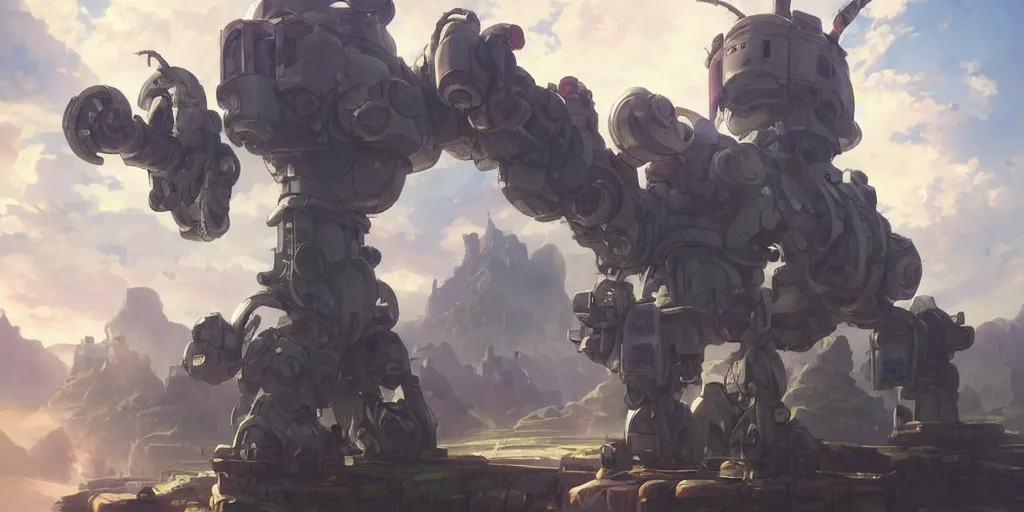 Image similar to robot mech with a soldier cobtrolling it from made in abyss by akihito tsukushi, backlight, centered rim lighting, deep focus, d & d, fantasy, intricate, elegant, highly detailed, digital painting, artstation, concept art, matte, sharp focus, illustration, hearthstone, art by artgerm and greg rutkowski and alphonse mucha