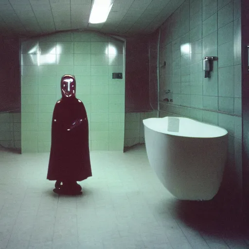 Prompt: an alien creature standing in a soviet bathroom, cinestill 8 0 0 t