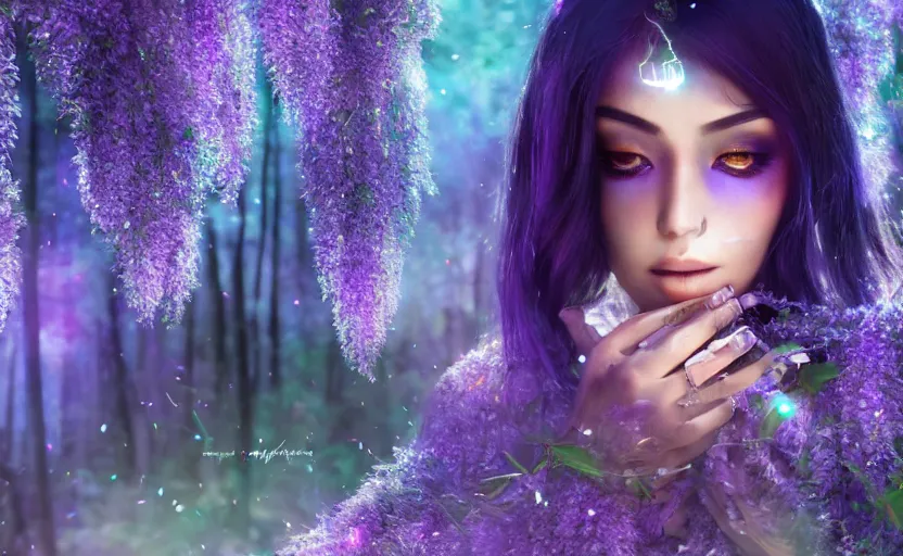 Prompt: beautiful Himalayan woman with purple cat-eyes, silver hair and black hair split, glowing crystals on the ground, somber, scene of a summer forest with glowing blue wisteria , 8k hdr pixiv dslr photo by Makoto Shinkai and Wojtek Fus