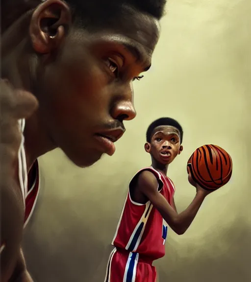 Prompt: "portrait of a boy at a basketball court playing basketball wearing a basketball uniform in a basketball court standing near the basketball hoop