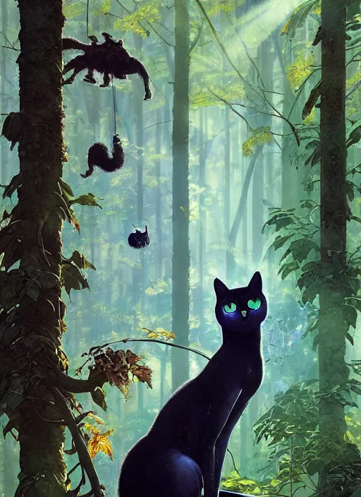 Image similar to a hyper realistic ink cat alien technology and sunbeams blue sky, lush forest foliage painting by chiara bautista and norman rockwell and greg rutkowski weta studio, and lucasfilm