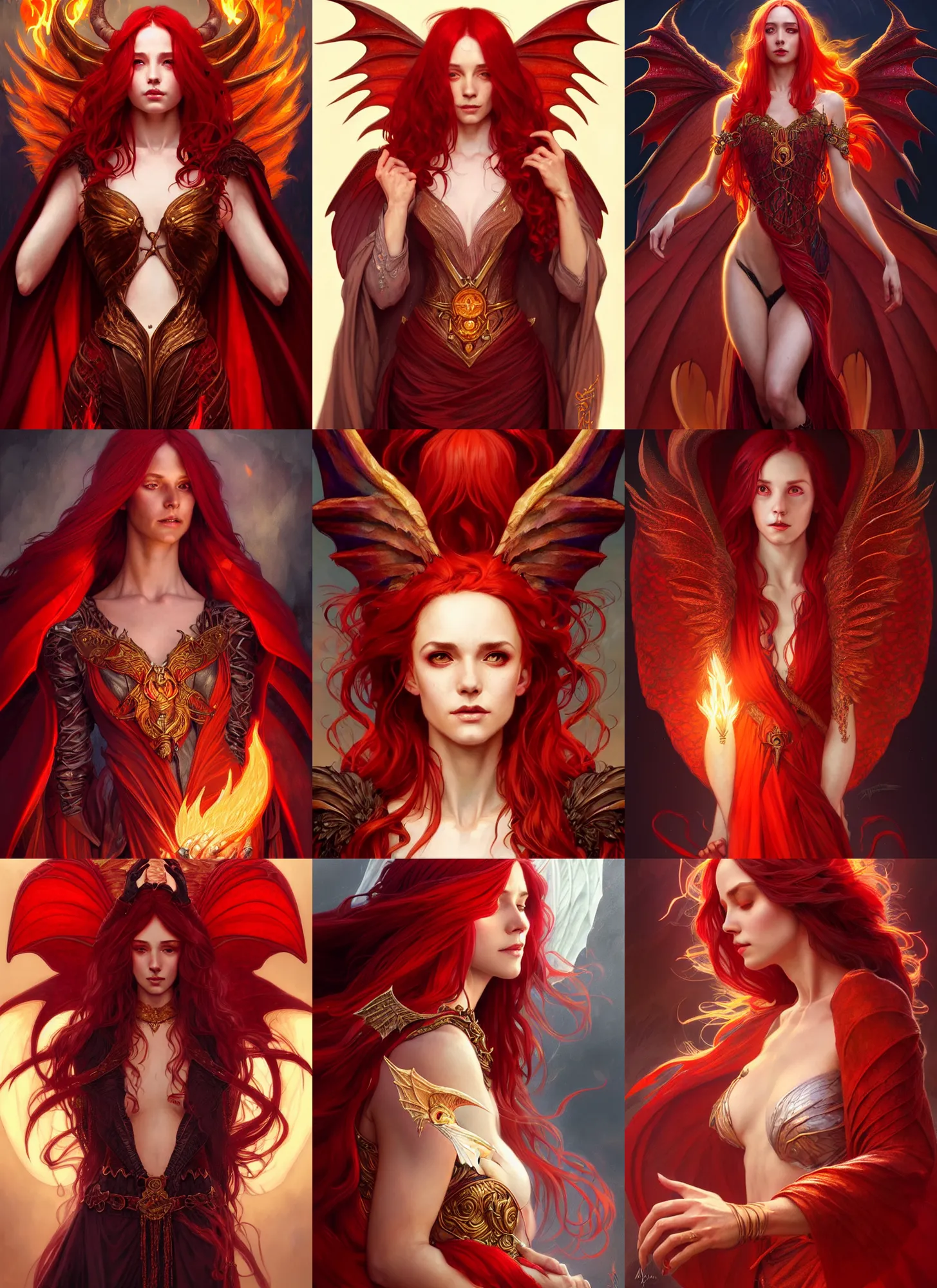 Prompt: portrait of sorceress, dragon wings, red hair, fantasy, wizard cloak, fire!! full body, intricate, elegant, highly detailed, digital painting, artstation, concept art, smooth, sharp focus, illustration, art by artgerm and greg rutkowski and alphonse mucha