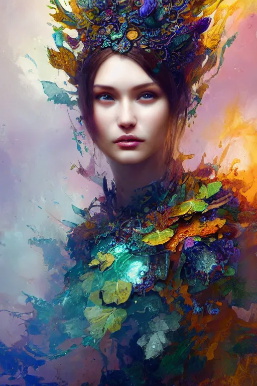 Prompt: face closeup of beautiful girl in intricate detailed color smashing fluid oilpaint, 3 d render, hyper realistic detailed portrait, color leaves, melting wax, ornate headpiece, broken mirror, ruan jia, wlop. scifi, fantasy, hyper detailed, octane render, concept art, by peter mohrbacher, by wlop, by ruan jia