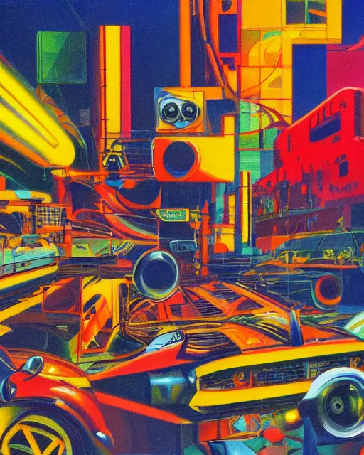 Prompt: retro technology, 9 0 s colors and shapes, wayne barlow, oil on canvas, deep depth of field, masterpiece, cinematic composition, hyperdetailed