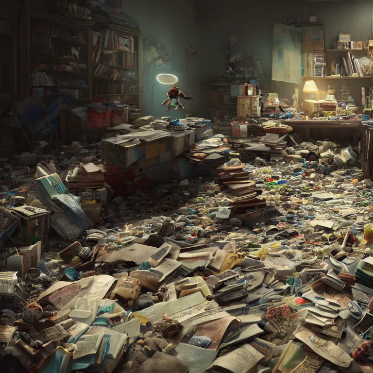 Prompt: a cinematic shot of a hoarder in a room filled with garbage, stacks of newspaper, piles of toys, octane render, volumetric lighting, nvidia raytracing demo, by Andy Thomas, Mario Martinez, Daniel Mirante, Gustave Dore, Artstation, CGsociety, masterpiece