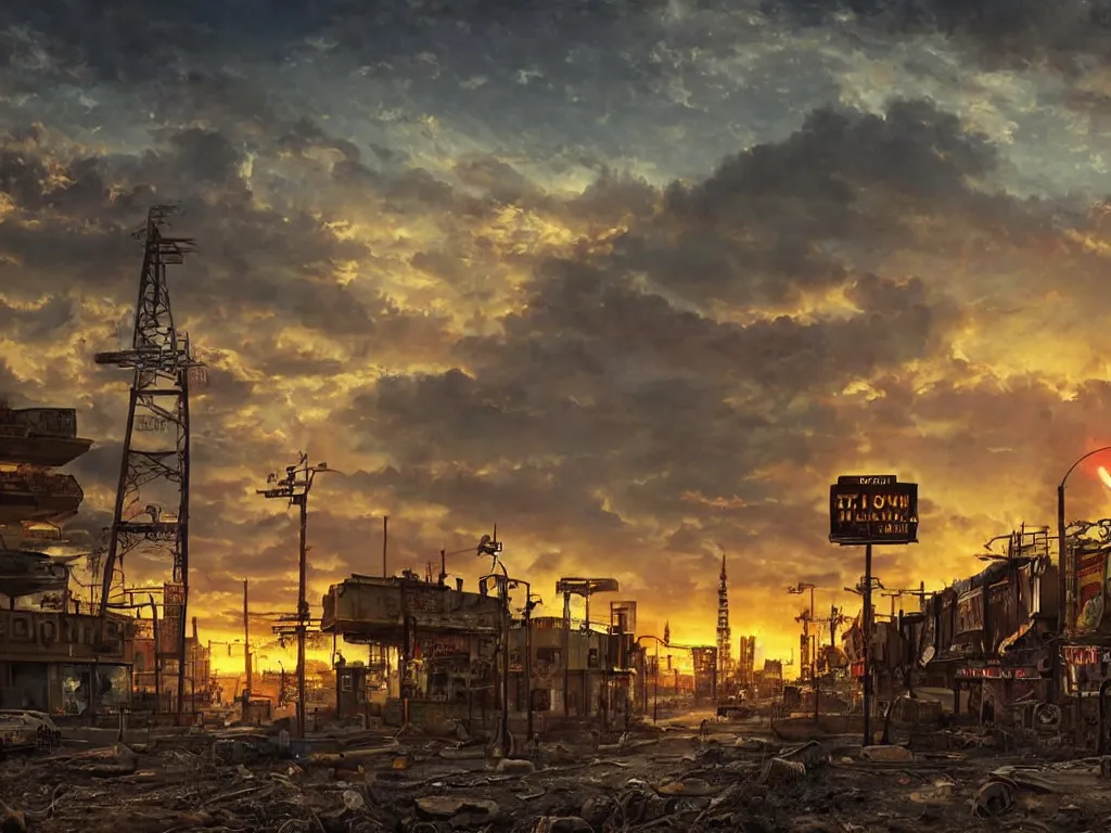 Image similar to a post apocalyptic mankato cityscape after a nuclear war, las vegas sign visible, beautiful radioactive sunset lighting, beautiful painting, fallout new vegas, painted by albert bierstadt