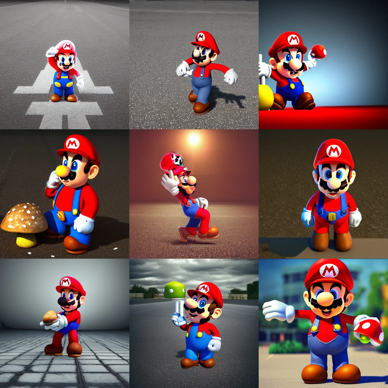 Prompt: a person dressed like super mario eating a very large mushroom on the floor of a dimly lit empty parking lot, 3d blender octane render, unreal engine, unsettlingly photorealistic, film grain, dark, night time