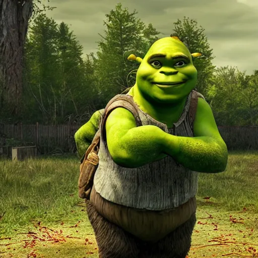 Image similar to Shrek in The Walking Dead 4K quality photorealism