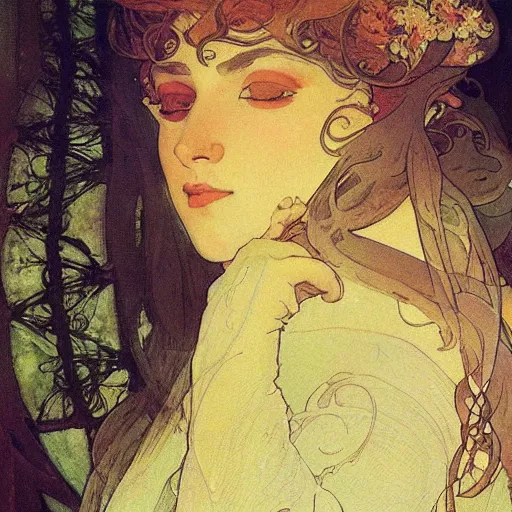 Image similar to beautiful woman's sideface, beautiful background, by alfons maria mucha, highly detailded