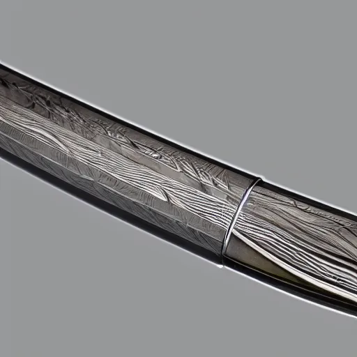 Image similar to Katana with its only water Blade entirety out of flowing water reflecting all light and its handle made out of steel with ancient patterns, Raytracing, white background with shadows, 40nm lens, full katana, zoomed out, high fov, full katana in vision, in vision,