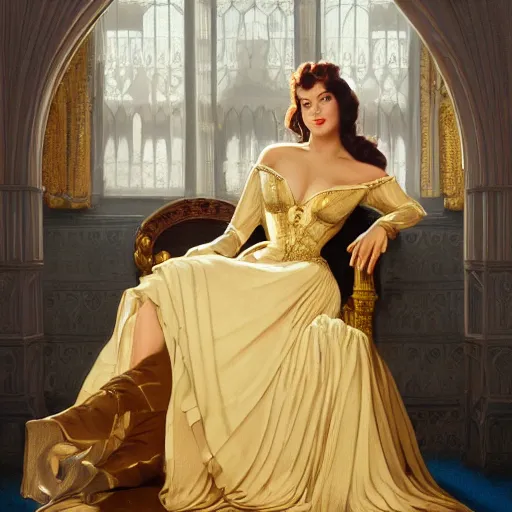 Image similar to kneeling before a condescending queen, sitting in a chair while posing for a photo, royal gown, golden detailing, medium shot, intricate, elegant, highly detailed, digital painting, volumetric light, artstation, concept art, smooth, sharp focus, illustration, art by Gil Elvgren and Greg Rutkowski and Alphonse Mucha, 8K