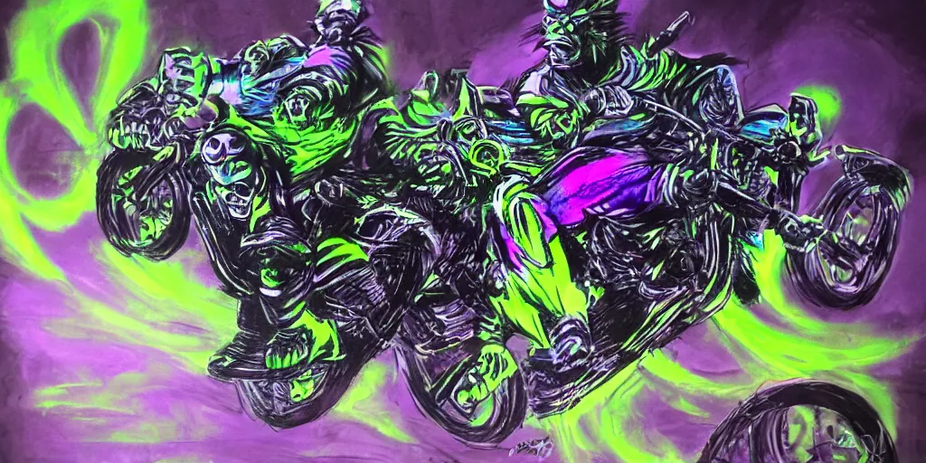 Image similar to high quality cinematic action shot of an orc doing a wheelie on a motorcycle, psychedelic blacklight airbrush art