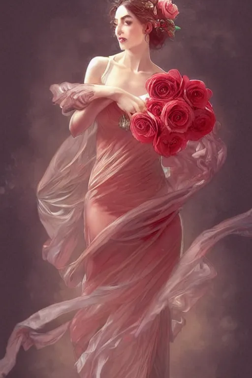 Prompt: woman dressed in a vaporous wrapped large victorian red roses silk semi-transparent dress fashion is running D&D, fantasy, intricate, elegant, highly detailed, digital painting, artstation, concept art, matte, sharp focus, illustration, art by Artgerm and Greg Rutkowski and Alphonse Mucha