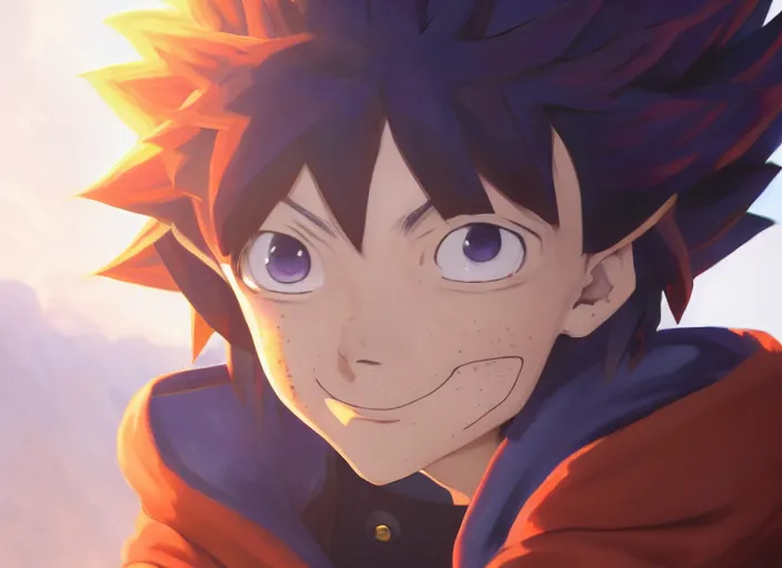 Image similar to highly detailed portrait of yugi moto, in my hero academia, stephen bliss, 8 k, unreal engine, fantasy art by greg rutkowski, loish, rhads, ferdinand knab, makoto shinkai and lois van baarle, ilya kuvshinov, rossdraws, tom bagshaw, global illumination, radiant light, detailed and intricate environment