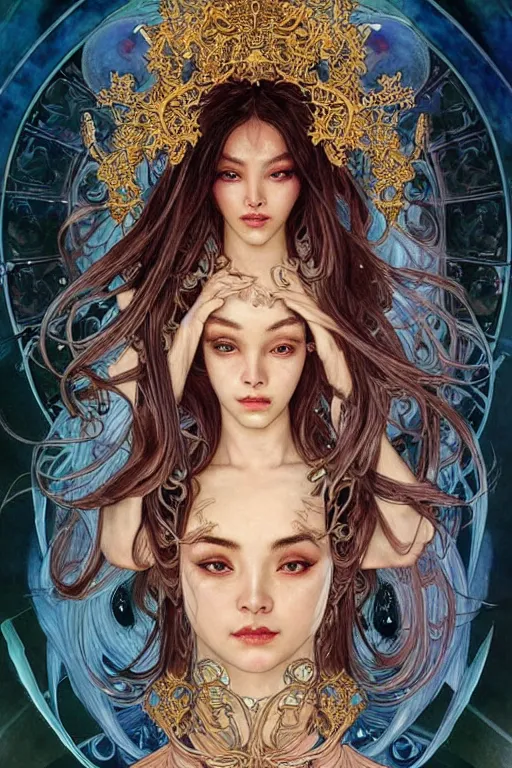 Image similar to beautiful and exotic and other-worldly alien queen portrait, sparkling eyes + front face with thick flowing hair, perfectly symmetrical facial features and muscle anatomy, ultradetailed art and illustration by jia ruan and chris bachalo and arthur suydam and alphonse mucha, fantasy, intricate complexity, scientific human structure, accurate human anatomy, fantasy character concept, watercolor, bleed, hyperrealism 8k