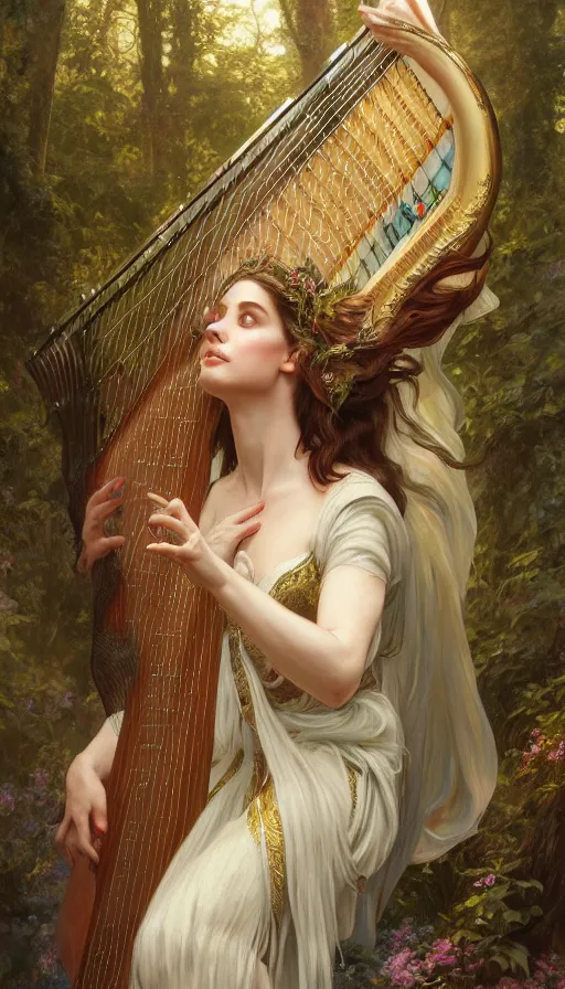 Image similar to portrait of queen of the elves playing a harp, ethereal, expressive pose, intricate dress, fantasy, intricate, forest background, highly detailed, digital painting, artstation, concept art, smooth, sharp focus, illustration, art by artgerm and greg rutkowski and alphonse mucha