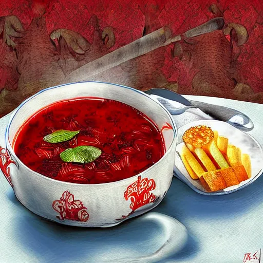 Image similar to Dragon eating russian borsch soup on the Red Square, digital art