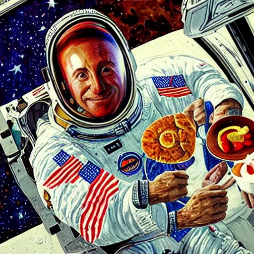 Prompt: American Breakfast in space drawn by Alan Bean