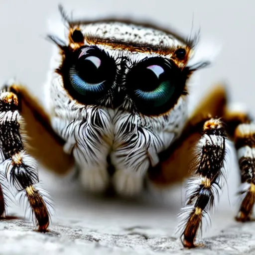 Image similar to jumping spider mixed with Owl, hybrid creature, cute, macro lens