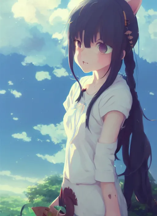 Image similar to portrait of cute catgirl, cloudy sky background lush landscape illustration concept art anime key visual trending pixiv fanbox by wlop and greg rutkowski and makoto shinkai and studio ghibli