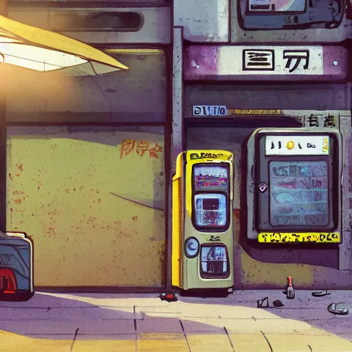 Image similar to incredible wide screenshot, ultrawide, simple watercolor, rough paper texture, ghost in the shell movie scene, backlit distant shot of girl in a parka running from a giant robot invasion side view, yellow parasol in deserted dusty shinjuku junk town, broken vending machines, bold graphic graffiti, old pawn shop, bright sun bleached ground, mud, fog, dust, windy, scary robot monster lurks in the background, ghost mask, teeth, animatronic, black smoke, pale beige sky, junk tv, texture, brown mud, dust, tangled overhead wires, telephone pole, dusty, dry, pencil marks, genius party,shinjuku, koji morimoto, katsuya terada, masamune shirow, tatsuyuki tanaka hd, 4k, remaster, dynamic camera angle, deep 3 point perspective, fish eye, dynamic scene