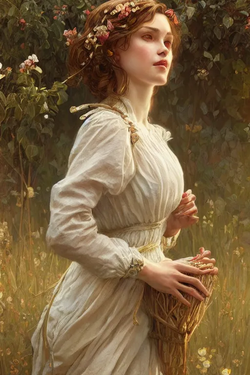 Image similar to beautiful cottagecore peasant maiden, intricate, elegant, highly detailed, digital painting, artstation, concept art, smooth, sharp focus, illustration, art by artgerm and greg rutkowski and alphonse mucha